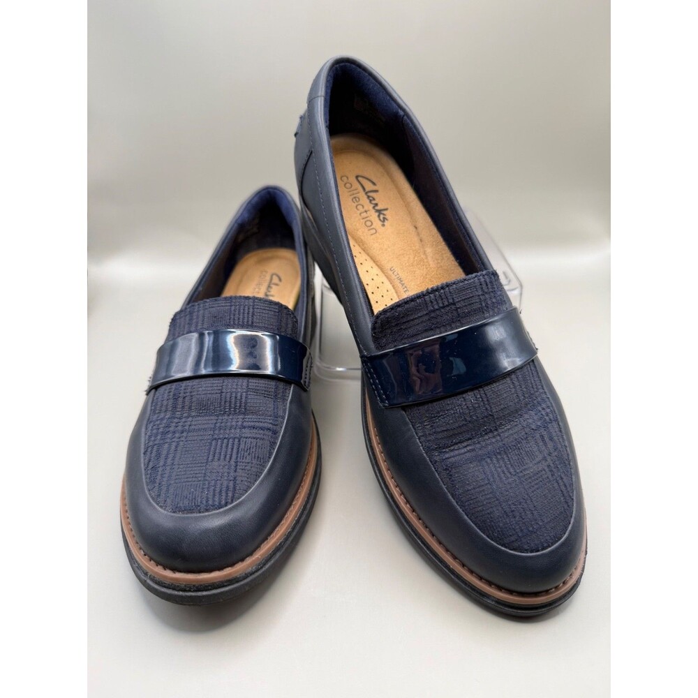 Clarks Collection Womens Sz 7.5 Navy Plaid Leather Penny Loafer Wedge 13288